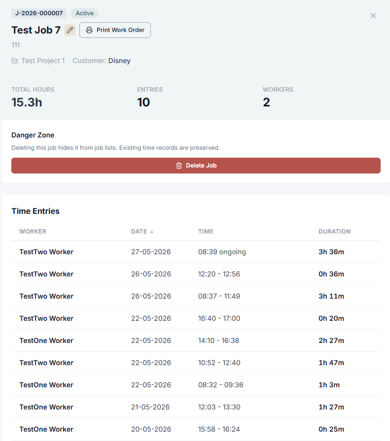 smaft job details and logged time screen